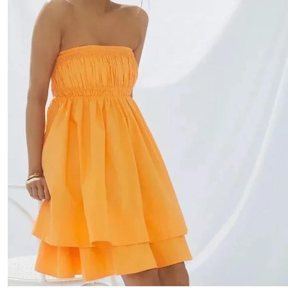 Maeve Anthropologie Orange Smocked Strapless Tiered Mini Dress Small Pockets